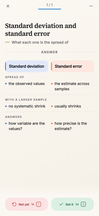 A Split Compare Kard on iPhone: Standard deviation and standard error, with the two columns answering Spread of, With a larger sample and Answers, and the ratings Not yet and Got it at the bottom.