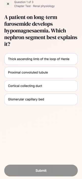 A Test me question on iPhone: a patient on long-term furosemide develops hypomagnesaemia, with four nephron segments offered as answers.